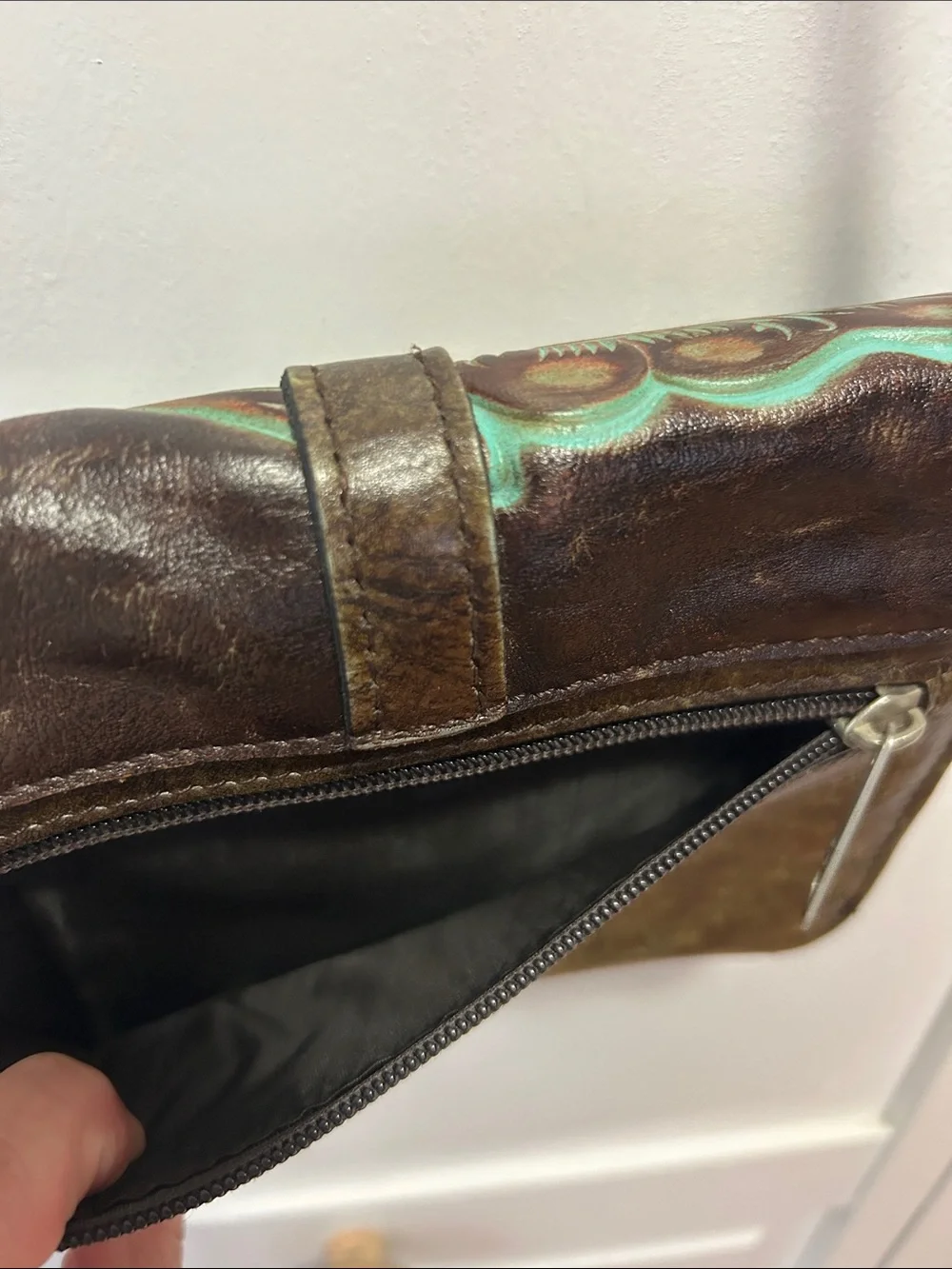 Patricia Nash Hand-Tooled Floral Leather Crossbody Bag in Turquoise and Brown